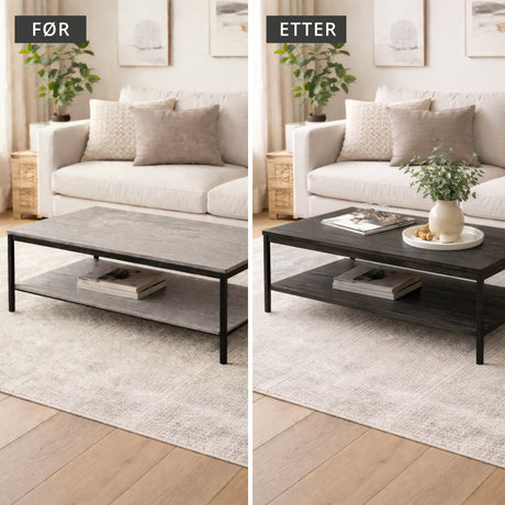 Før og etter av Premium blackwood manchester kontaktplast på et stuebord