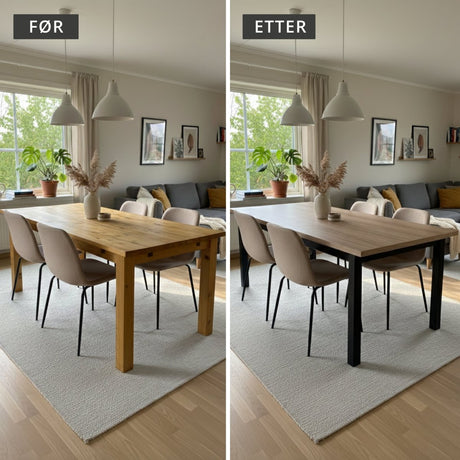 før og etter oppussing av spisebord med bristol oak kontakplast fra lindas dekor