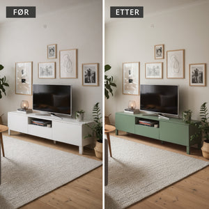 Før og etter av jade green kontaktplast på en tv-skjenk