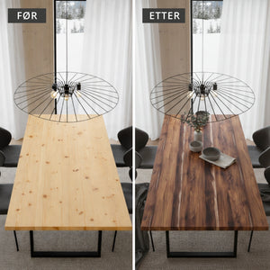 Før og etter av et spisebord som har blitt pusset opp med aspen eik kontaktplast. Spisestue hytte