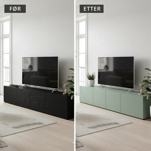 Før og etter. Fra sort treverk til grønn mint kontaktplast fra Lindas Dekor