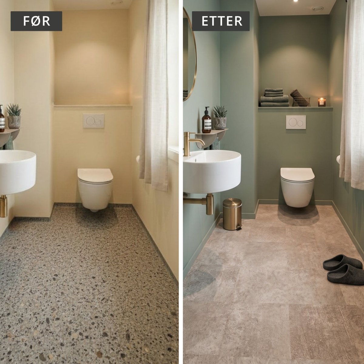 Før og etter med Charleston selvklebende fliser på toalett – enkel oppgradering med moderne steinlook uten omfattende oppussing.