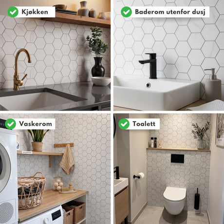 Selvklebende fliser på kjøkken, baderom, vaskerom og toalett. Hvit hexagon fliser