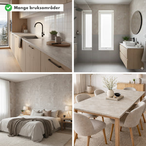 Limewash beige kontaktplast brukt på kjøkkenbenk, baderomsvegg, soveromsvegg og spisebord