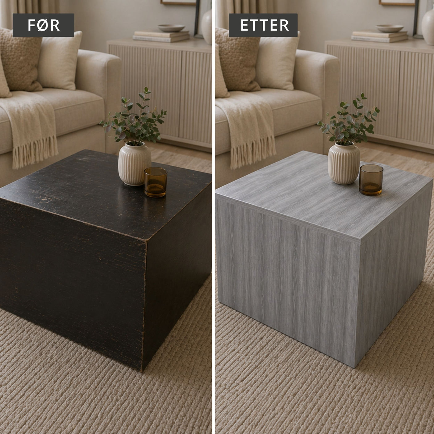 Før og etter salongbord med grå eik kontaktplast