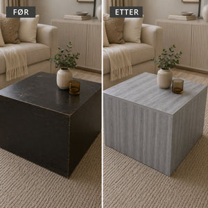 Før og etter salongbord med grå eik kontaktplast