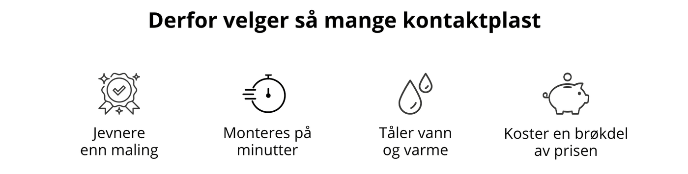 Fordeler med kontaktplast til kjøkkenfronter: jevnere enn maling, monteres på få minutter, tåler vann og varme og koster en brøkdel av prisen.