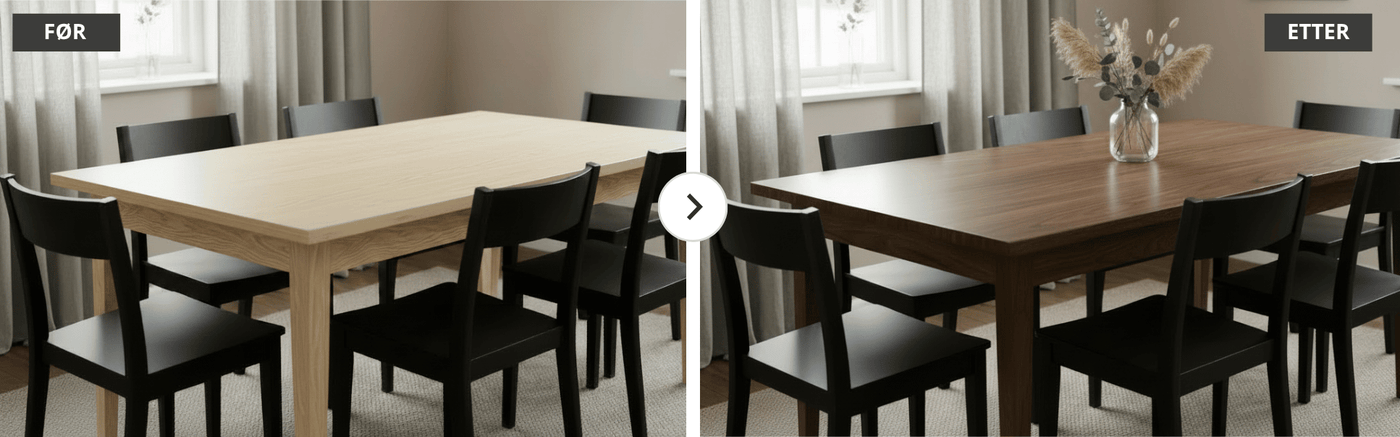 Spisebord før og etter montering av valnøtt kontaktplast som gir realistisk trestruktur og eksklusivt utseende.
