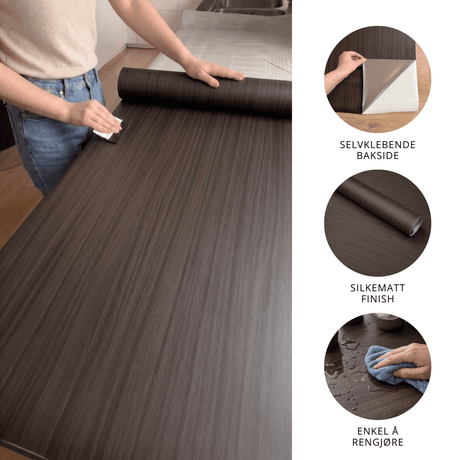 Montering av Dark chestnut kontaktplast på kjøkkenbenk, selvklebende bakside, silkematt finish og enkel å rengjøre