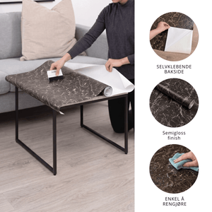 Montering av marmor kontaktplast på sofabord med sparkel, med semigloss finish og enkel rengjøring