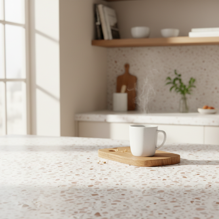 Premium Granitt kontaktplast fargeprøve nærbilde, lys steinlook med jevne variasjoner i overflaten