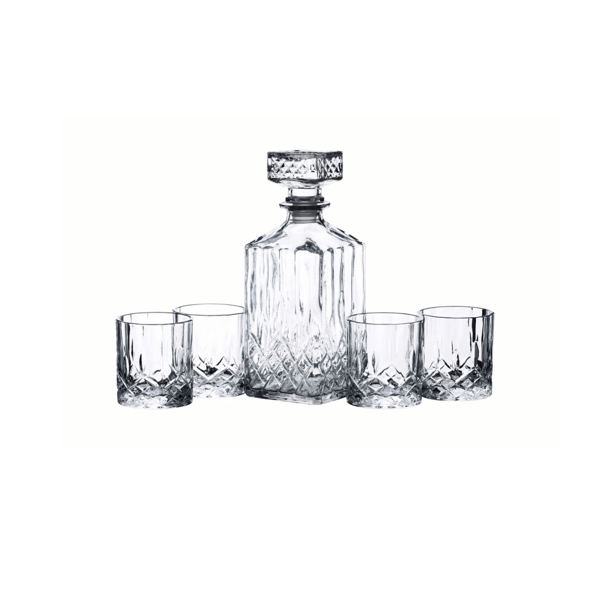 Karafelsæt i slibet glas med fire whiskyglas - Lindas Dekor Drikkesæt