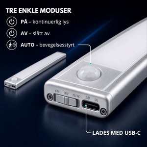 LED-list undersiden med ON/OFF/AUTO-bryter, bevegelsessensor og USB-C-port