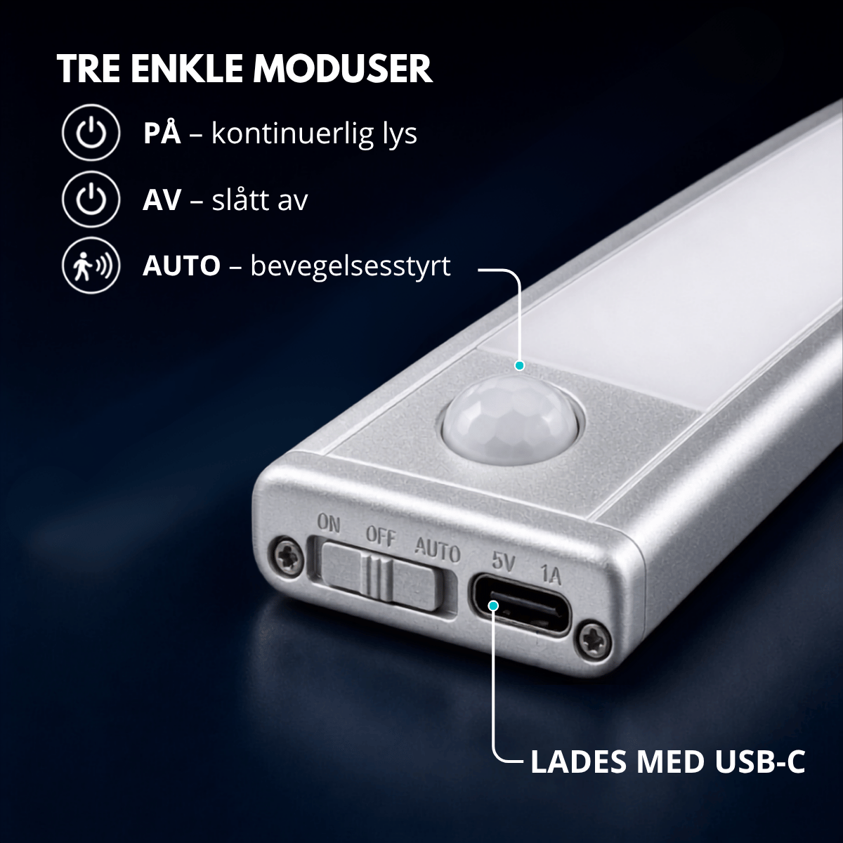 Oppladbar LED-list med bevegelsessensor 60 cm