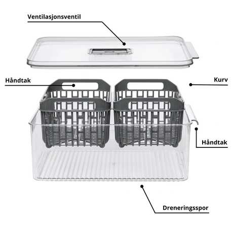 Kjøleskapsboks Tidy Fridge med 2 kurver, grå
