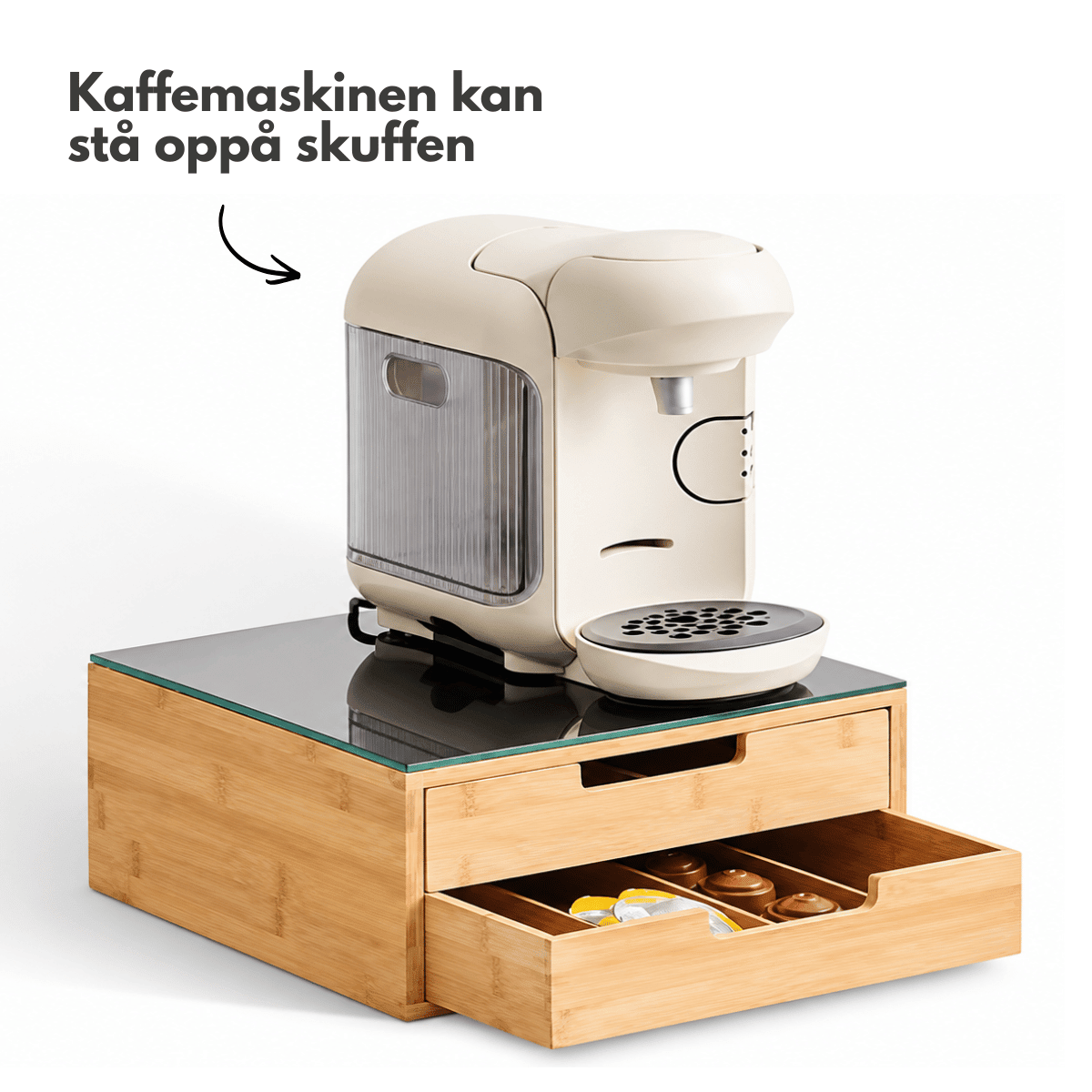 Kaffekapselholder med 2 skuffer i bambus og sort glass - Lindas Dekor Kapselholder