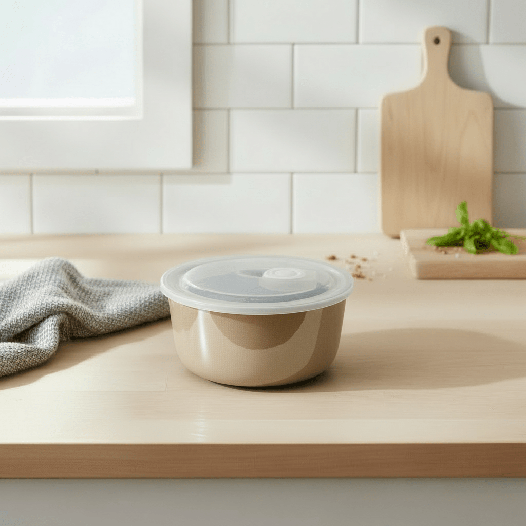 Porselenskål med lokk og ventil beige liten - Lindas Dekor