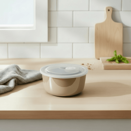 Porselenskål med lokk og ventil beige liten - Lindas Dekor