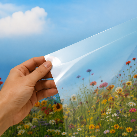 Nærbilde av klar glassfilm med høy transparens og diskré beskyttelse.