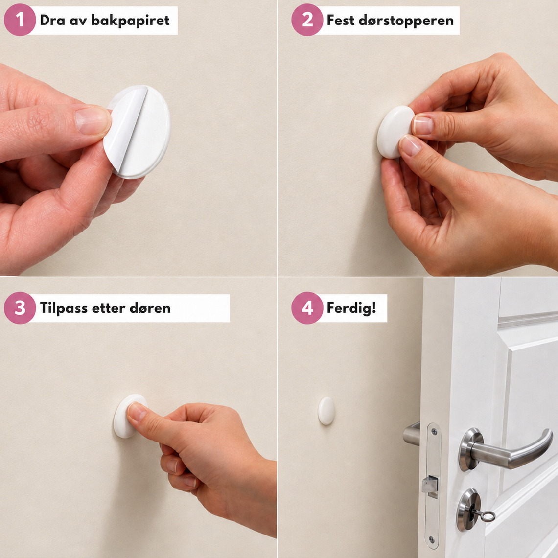 Trinnvis montering av selvklebende dørstopper med avtrekking av bakpapir, plassering på vegg og tilpasning mot dørhåndtak.