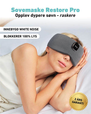 SKG Restore Pro sovemaske for dypere søvn. Blokkerer 100% lys og har innebygd white noise. Komfortabel søvnmaske med 2 års garanti.