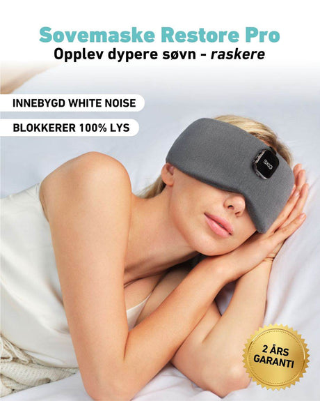 SKG Restore Pro sovemaske for dypere søvn. Blokkerer 100% lys og har innebygd white noise. Komfortabel søvnmaske med 2 års garanti.