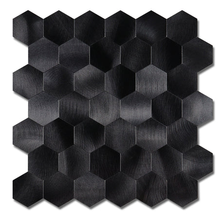 Midnatt Hexagon selvklebende veggfliser med mørk overflate.
