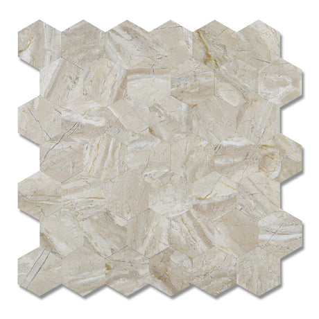 Vareprøve av Grace hexagon flis med naturinspirert marmormønster i beige toner.