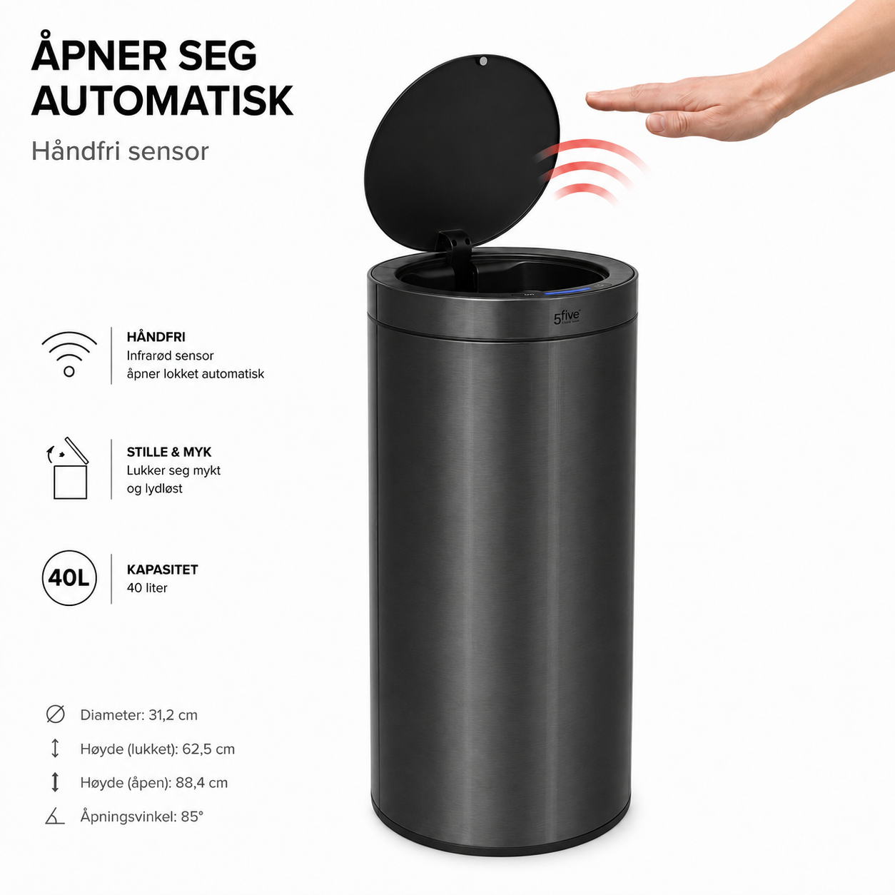 Automatisk sensorbøtte med infrarød sensor, der åbner lokket, når hånden nærmer sig.