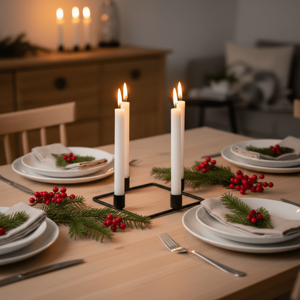 Adventsljusstake i svart metall med fyra vita kronelys på bord