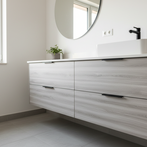 Kjøkkenhylle og skap med grå eik kontaktplast i nordisk design