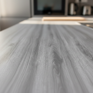 Stilrent kjøkken med grå eik kontaktplast på kjøkkenøy og fronter