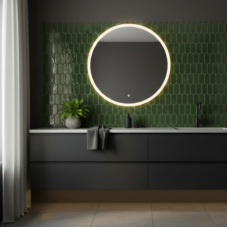 Bad med rundt speil med integrert LED-lys