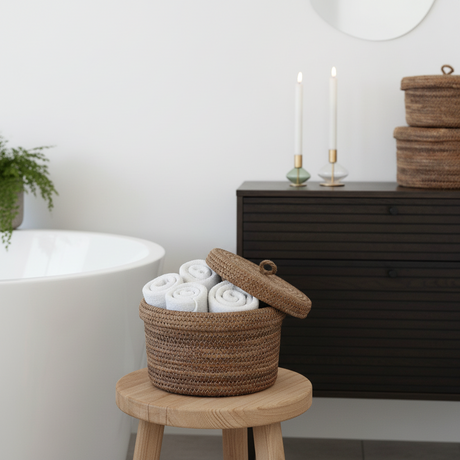 Desio kurver med lokk plassert på gulv i lyst interiør