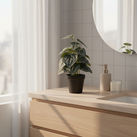 Kunstig plante med grønne blader plassert på hylle i stue