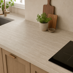 Marmorlook kontaktplast med realistisk kant – perfekt for bord og benkeplater