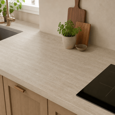 Marmorlook kontaktplast med realistisk kant – perfekt for bord og benkeplater