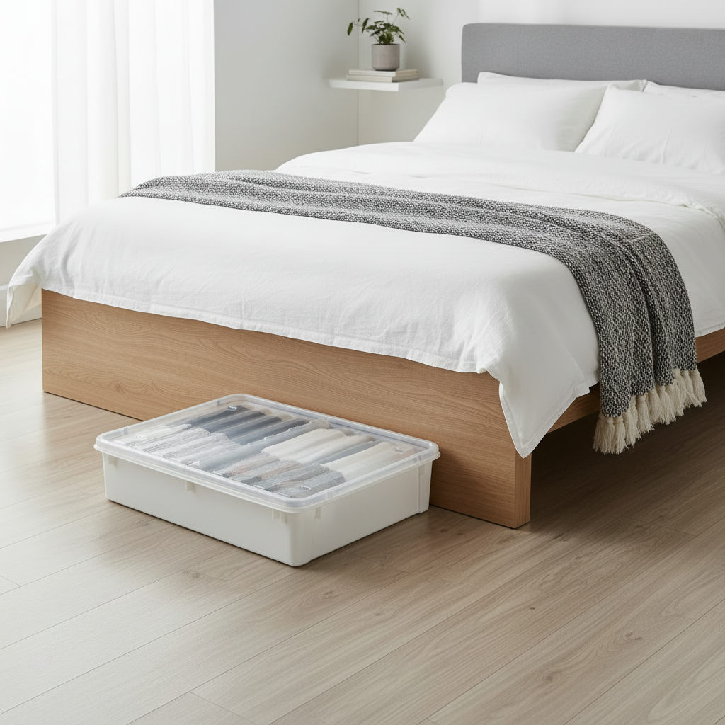 Transparent plastboks med hjul for oppbevaring i soverom