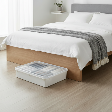 Transparent plastboks med hjul for oppbevaring i soverom