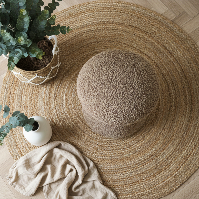 Dekorativ puff i brun fuskepels til stue eller soverom