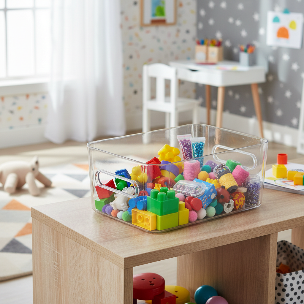 Klar plastboks til oppbevaring i skuffer og hyller