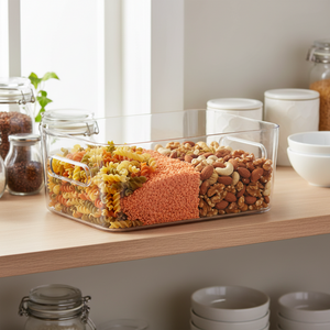 Klar plastboks til organisering i kjøleskap og skap