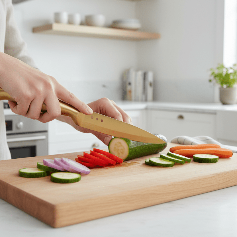 5 - pk Knivsett med kniver og knivblokk i sort og messing - Lindas Dekor