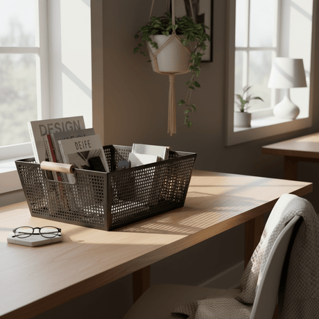 Oppbevaringskurv med håndtak i sort metall og tre 38 x 26 x 14 cm - Lindas Dekor Oppbevaringskurv
