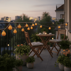 Naturinspirert hagelys med LED lykter langs pergola eller rekkverk