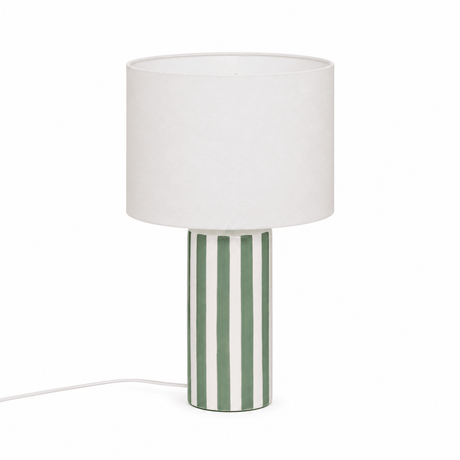 Bordlampe Frida olivengrønn 47 cm, hele lampen med hvit skjerm og stripete fot