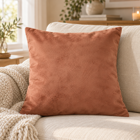 Miljøbilde: Terrakottafarget velurpute 45 x 45 cm i beige sofa i lun og moderne stue.
