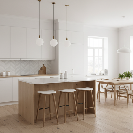 Kveldsbelyst kjøkken med hvit fiskebeinsflis og varme messingdetaljer
