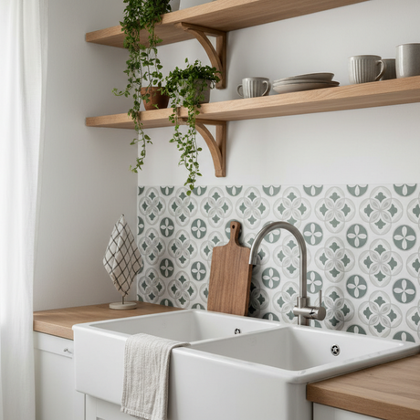 Clara grønn selvklebende fliser som backsplash bak kjøkkenvask med åpne hyller og naturmaterialer
