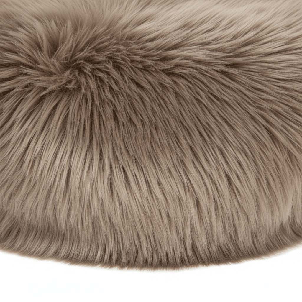 Sitteunderlag Ø35 cm med myk pelsstruktur og varm beige grå tone